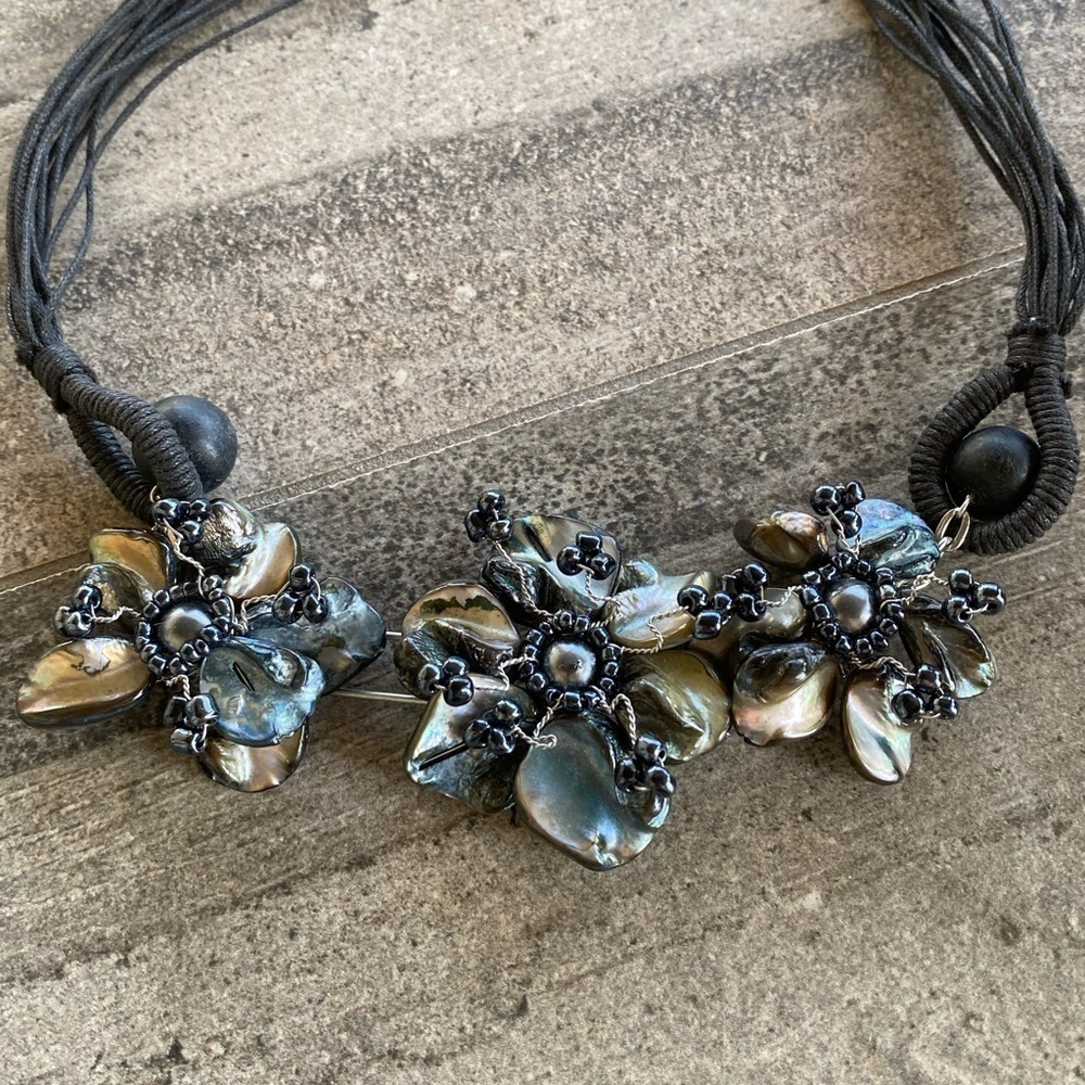 Mother of Pearl and Bead Handmade Indonesian Necklace Floral Unique